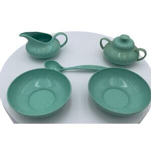 Gothem Bowls Sugar Creamer Spoon Tea Set Blue Speckled Children Play Vintage